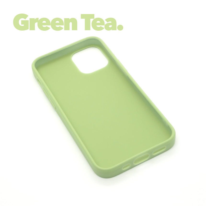 iPhone 12 Green Tea case with a matte finish, designed with precise cutouts for easy access to buttons and ports.