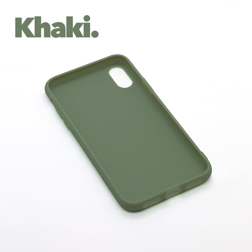 iPhone XR Khaki case with a matte finish, designed with precise cutouts for easy access to buttons and ports.