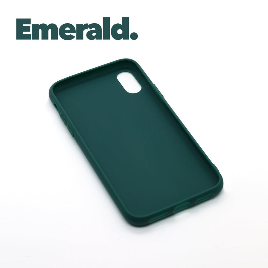 iPhone XR Emerald case with a matte finish, designed with precise cutouts for easy access to buttons and ports.