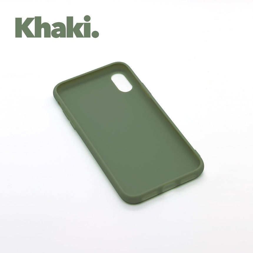iPhone X/XS Khaki case with a matte finish, designed with precise cutouts for easy access to buttons and ports.
