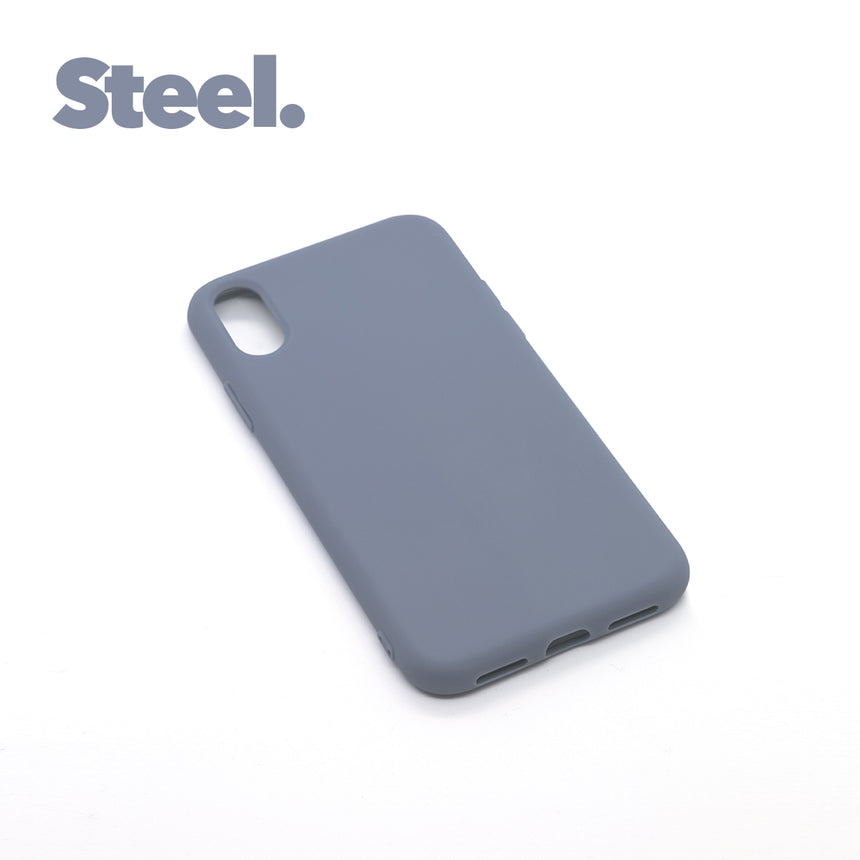 iPhone XR Steel case with a matte finish, designed with precise cutouts for easy access to buttons and ports.