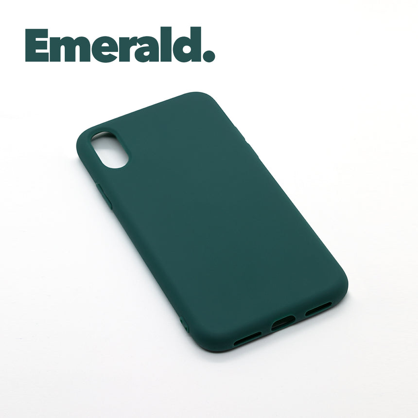 iPhone XR Emerald case with a matte finish, designed with precise cutouts for easy access to buttons and ports.