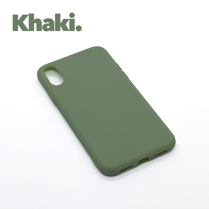 iPhone XR Khaki case with a matte finish, designed with precise cutouts for easy access to buttons and ports.