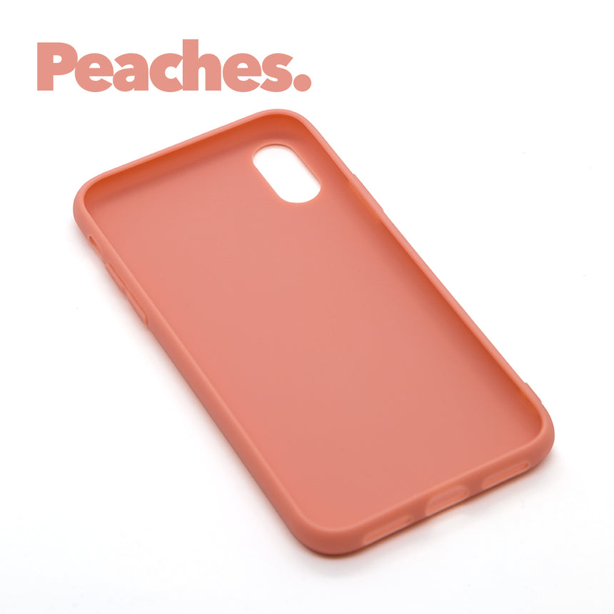 iPhone XS MAX Peaches case with a matte finish, designed with precise cutouts for easy access to buttons and ports.