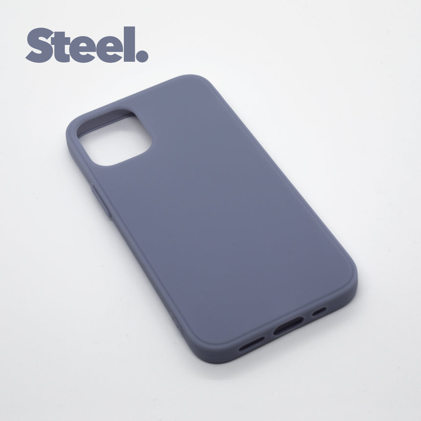 iPhone 12 Steel case with a matte finish, designed with precise cutouts for easy access to buttons and ports.