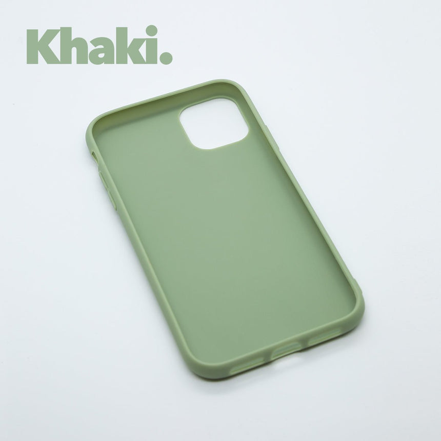 iPhone 11 Khaki case with a matte finish, designed with precise cutouts for easy access to buttons and ports.