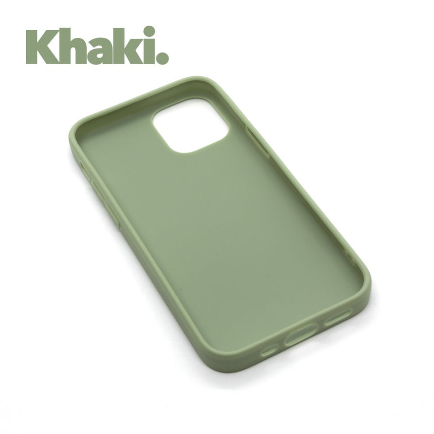 iPhone 12 PRO Khaki case with a matte finish, designed with precise cutouts for easy access to buttons and ports.